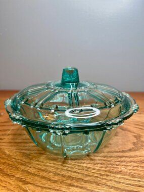 Vintage KIG Indonesia Oyster Turquoise Aqua Beaded Candy Dish with Lid